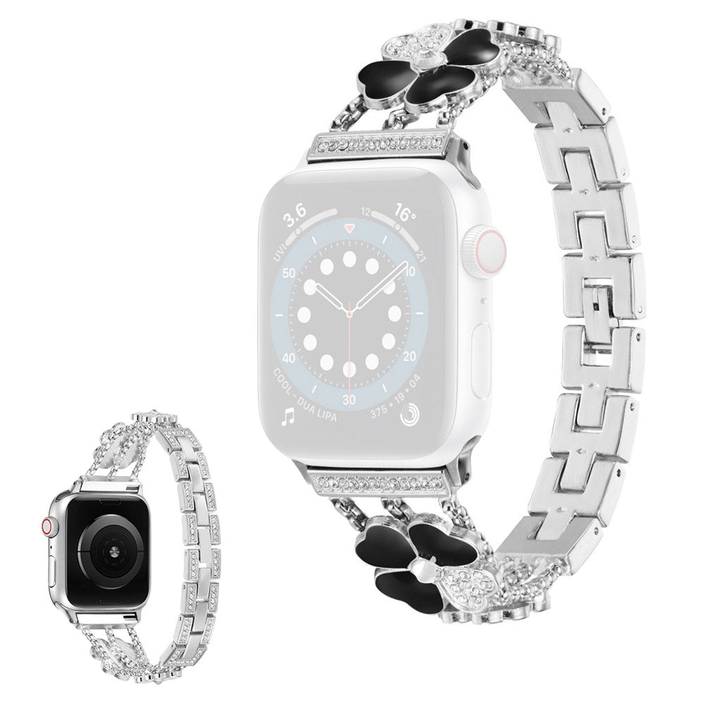 Apple Watch 40mm rhinestone four leaf décor watch strap - Silver / Black