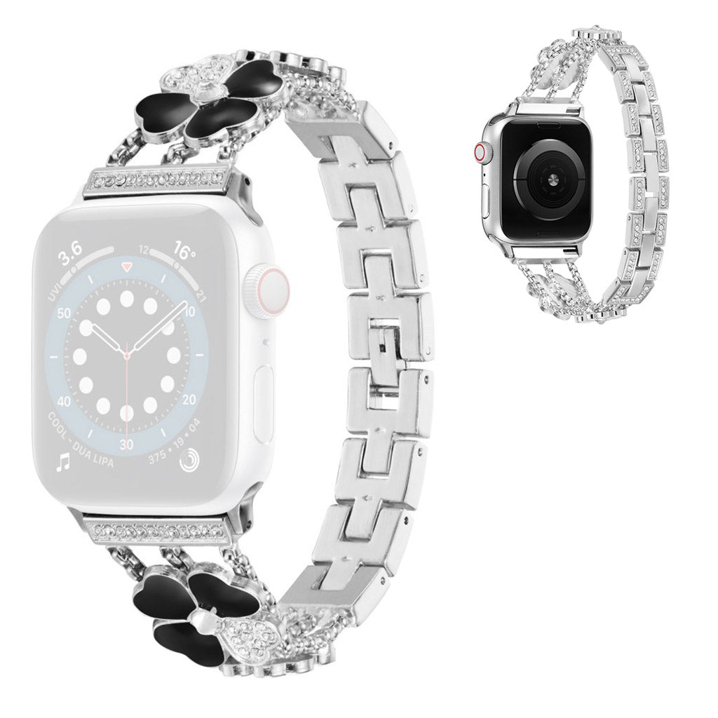 Apple Watch 42mm - 44mm rhinestone four leaf décor watch strap - Silver / Black