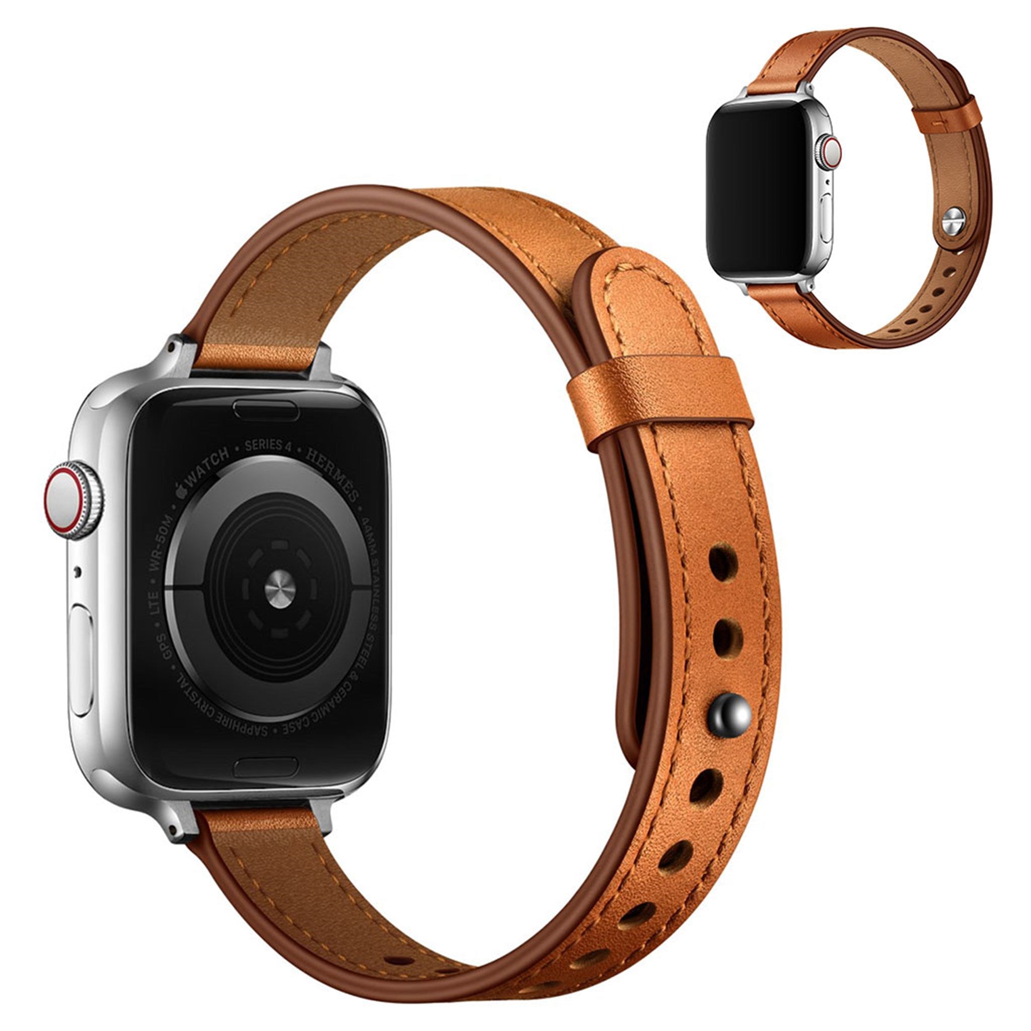 Apple Watch 44mm top layer genuine leather watch strap - Brown / Silver