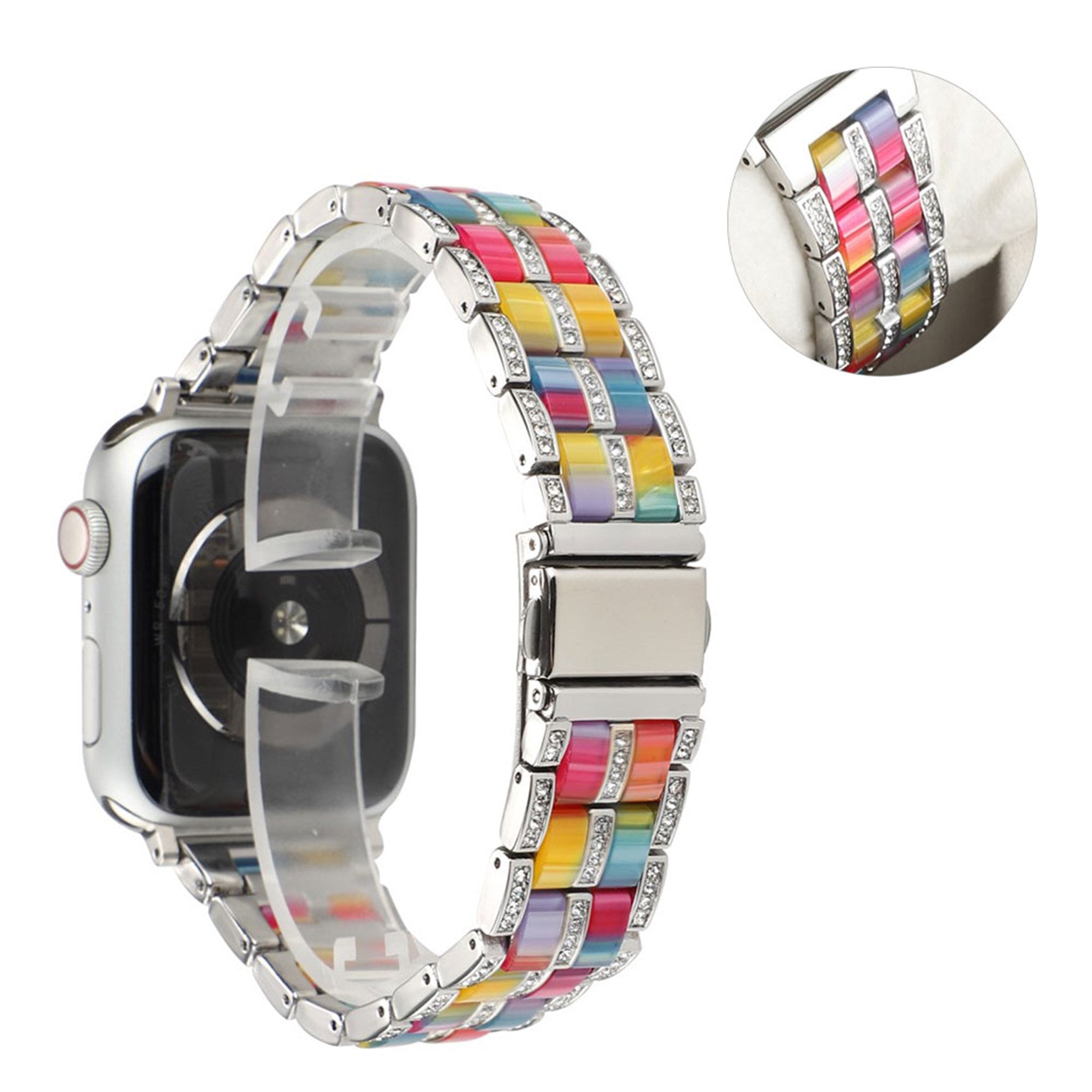 Apple Watch 44mm rhinestone décor stainless steel watch strap - Silver / Rainbow