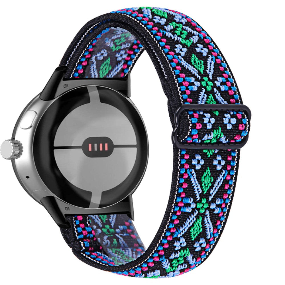 Google Pixel Watch elastic braided style watch strap - Blue / Green Tribal Flower