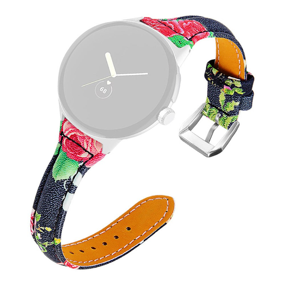 Google Pixel Watch floral genuine leather watch strap with silver connector - Scarlet Flowers