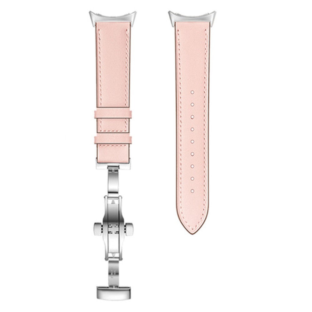 Google Pixel Watch genuine leather watch strap with buttefly buckle - Silver Buckle / Pink