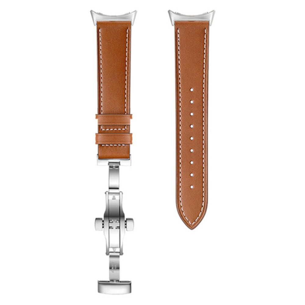 Google Pixel Watch genuine leather watch strap with buttefly buckle - Silver Buckle / Brown