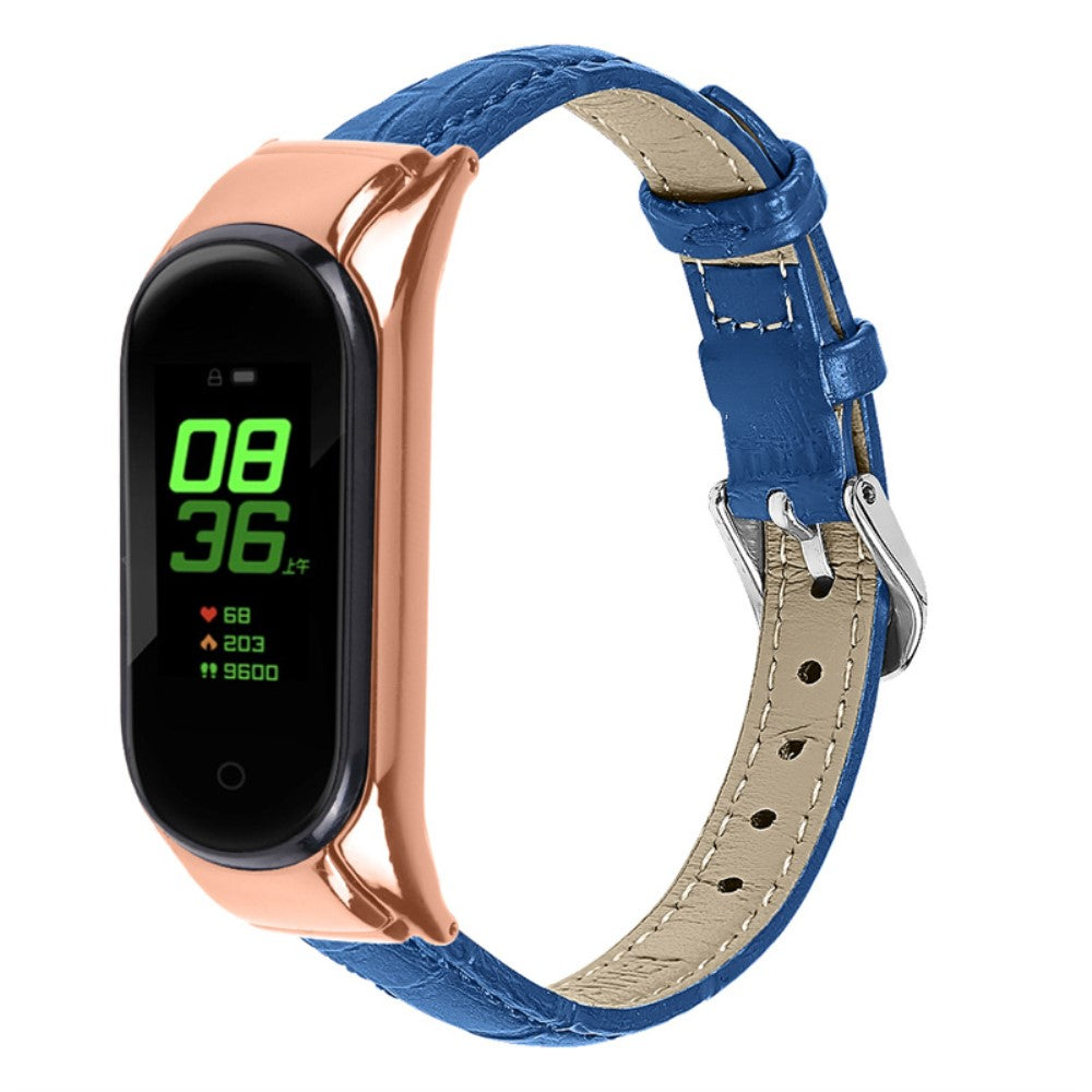 Xiaomi Mi Band 7 Top layer cowhide leather watch strap with rose gold cover - Blue