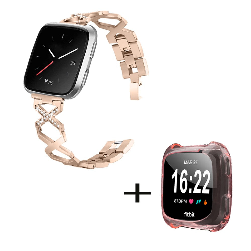 Fitbit Versa 2 / Lite rhinestone décor stainless steel watch strap with clear pink cover - Gold