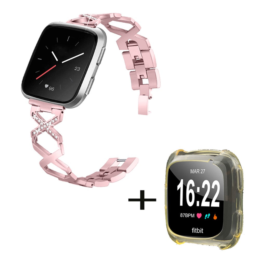 Fitbit Versa 2 / Lite rhinestone décor stainless steel watch strap with clear yellow cover - Rose Pink