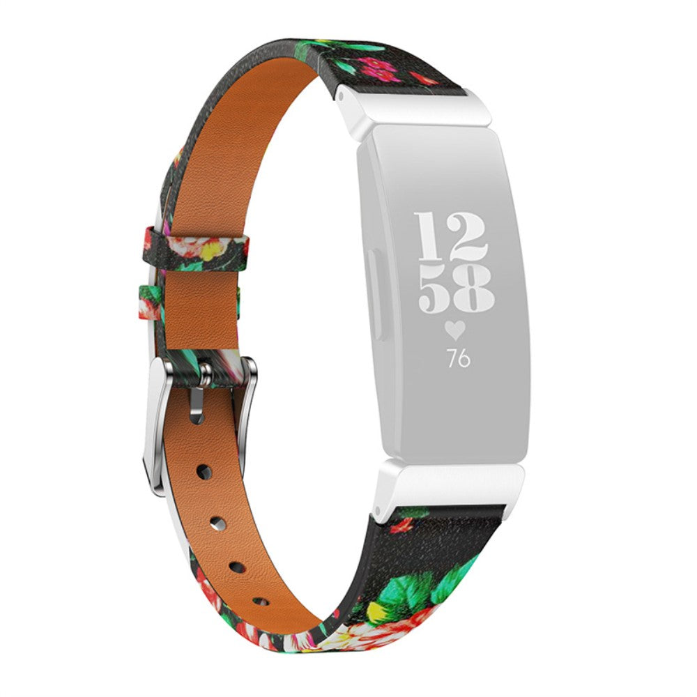 Fitbit Ace 2 / Inspire / HR floral pattern genuine leather watch strap - Black / Red Roses