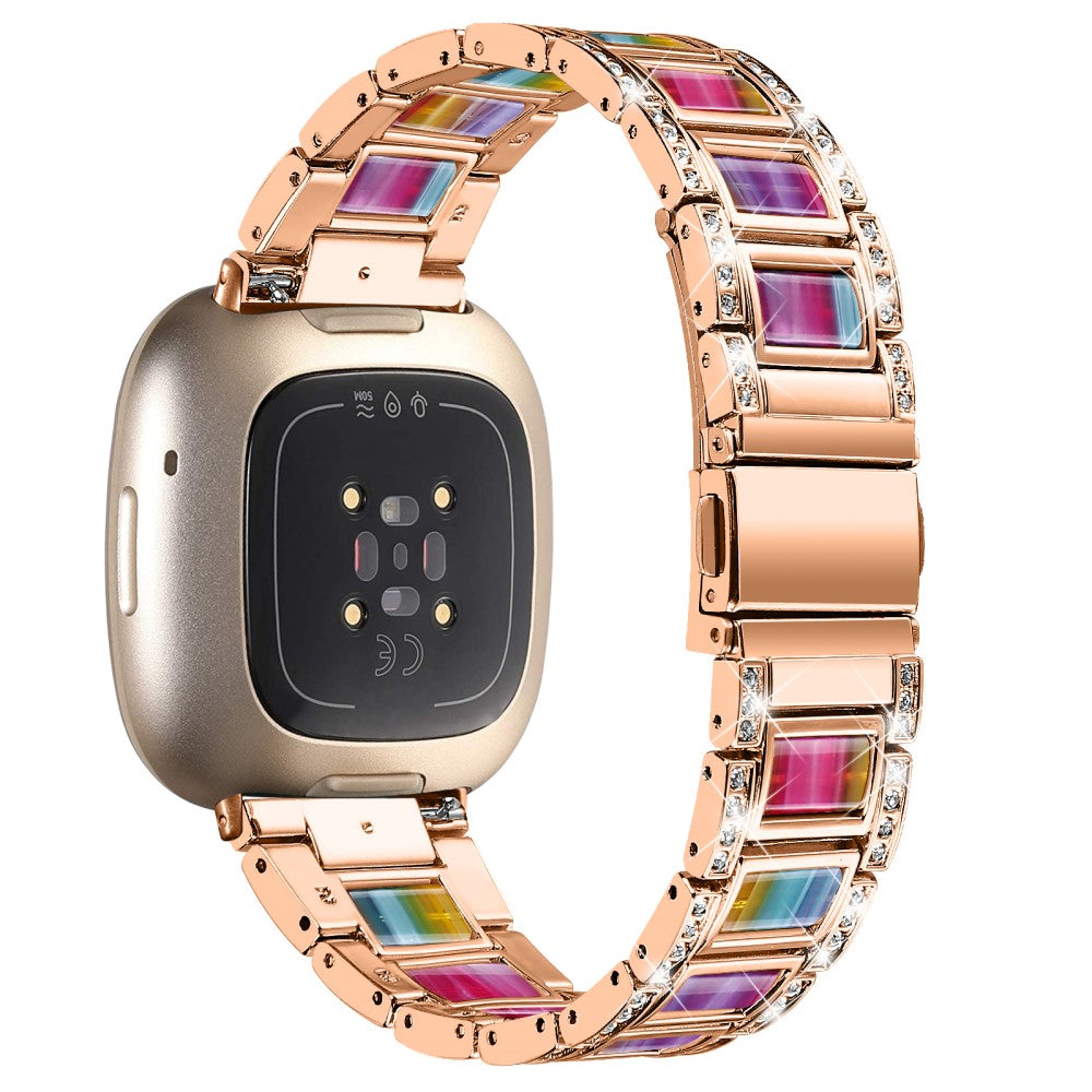 Fitbit Sense / Versa 3 rhinestone décor resin block watch strap - Rose Gold / Colorful