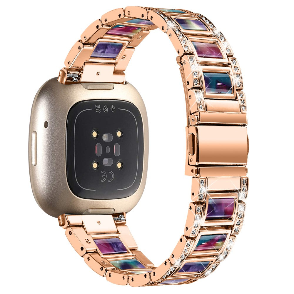 Fitbit Sense / Versa 3 rhinestone décor resin block watch strap - Rose Gold / Purple Green Mix