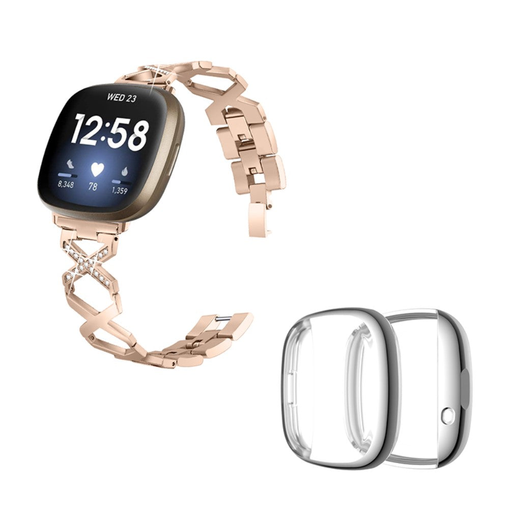 Fitbit Sense / Versa 3 X-shape rhinestone décor watch strap with silver cover - Gold