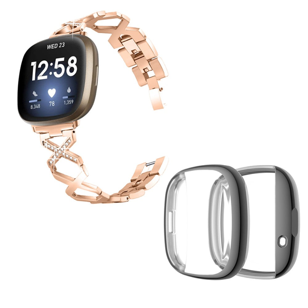 Fitbit Sense / Versa 3 X-shape rhinestone décor watch strap with grey cover - Rose Gold