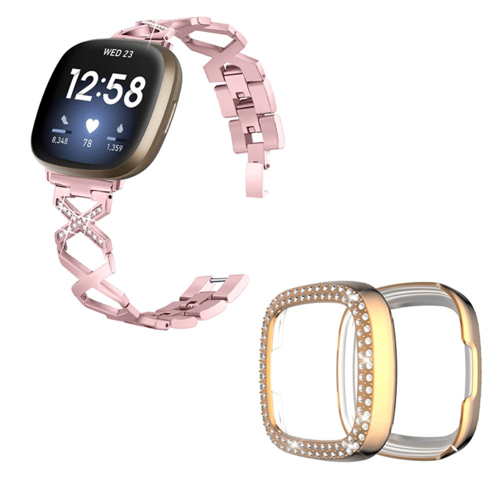 Fitbit Sense / Versa 3 X-shape with rhinestone décorated watch strap with rose gold cover - Rose Pink