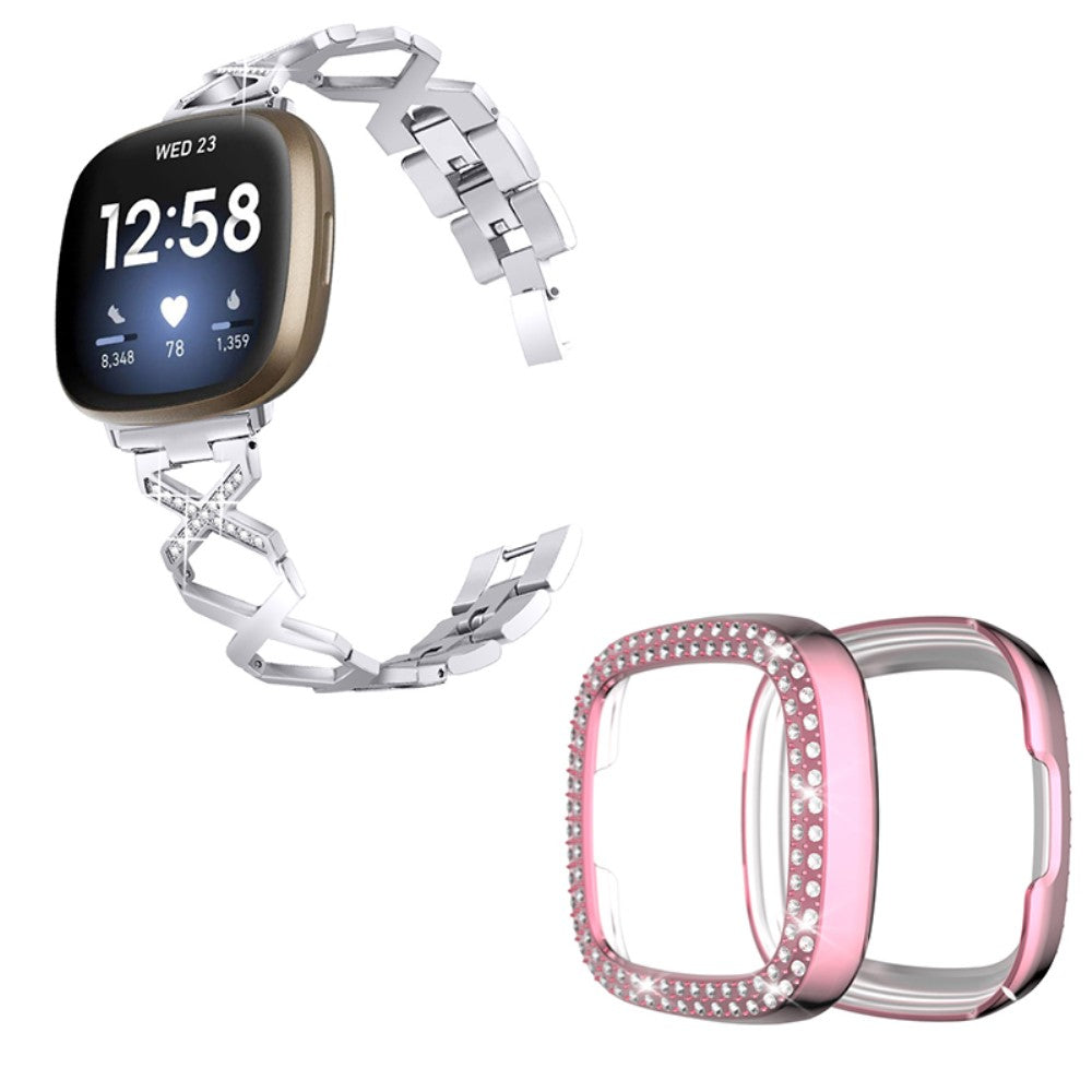 Fitbit Sense / Versa 3 X-shape with rhinestone décorated watch strap with rose pink cover - Silver
