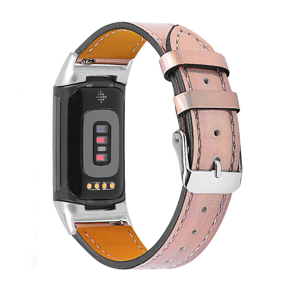 Simple genuine leather watch strap for Fitbit Charge 5 - Bright Rose Gold