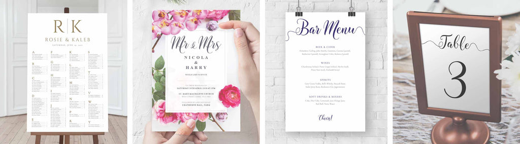 Wedding Seating Chart, Floral Wedding Invitation, Bar Menu Template and Table Number collage