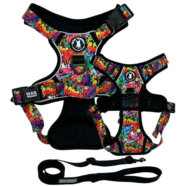 Dog Harness and Leash Set - No Pull - Handle - multi colored Street Graffiti dog harness - chest and backside view - solid black medium adjustable dog leash - against solid white background - Wag Trendz