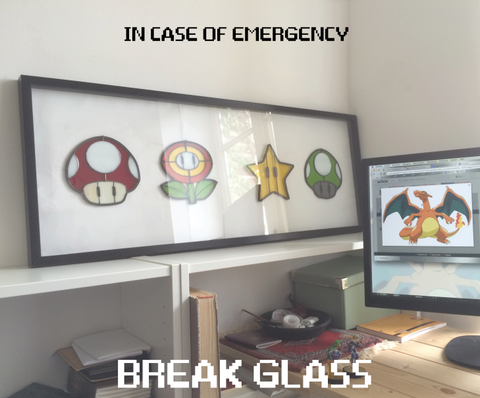 in case of emergency break glass, video game powerups made by stained glass geek