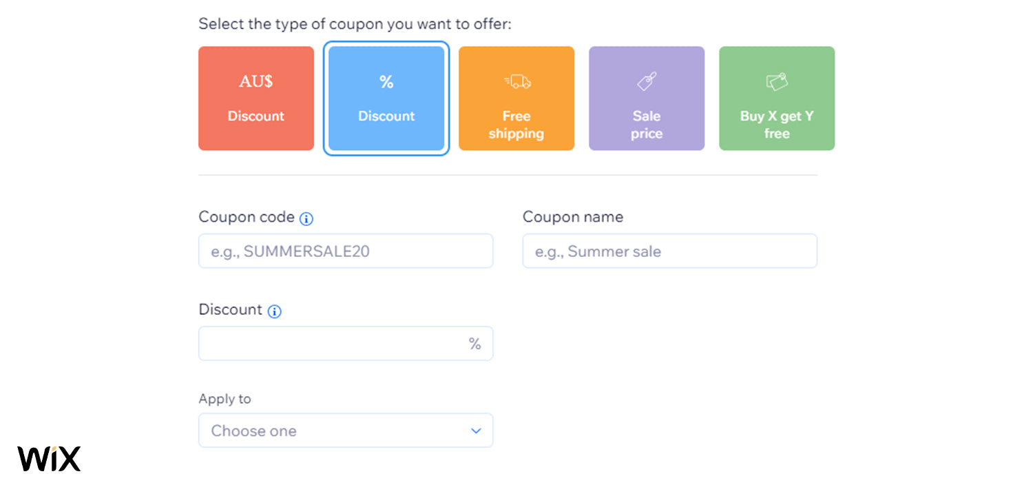 Screenshot of Wix's percentage discount option.
