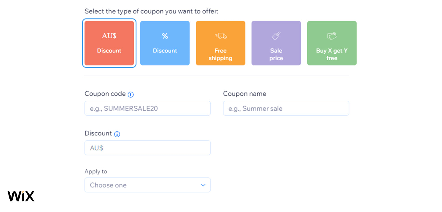 Screenshot of Wix's fixed amount discount option.
