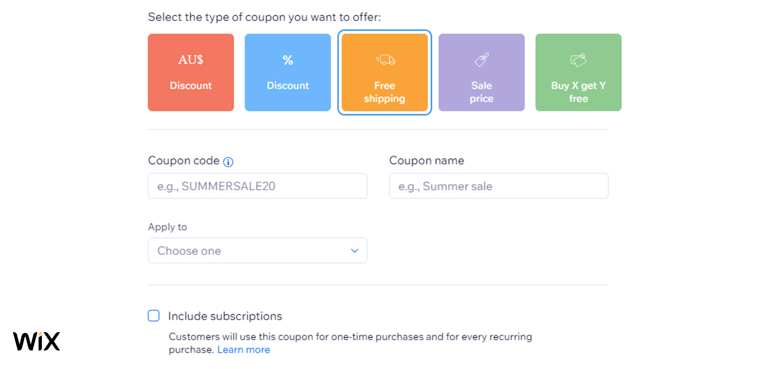 Screenshot of Wix's free shipping discount option.