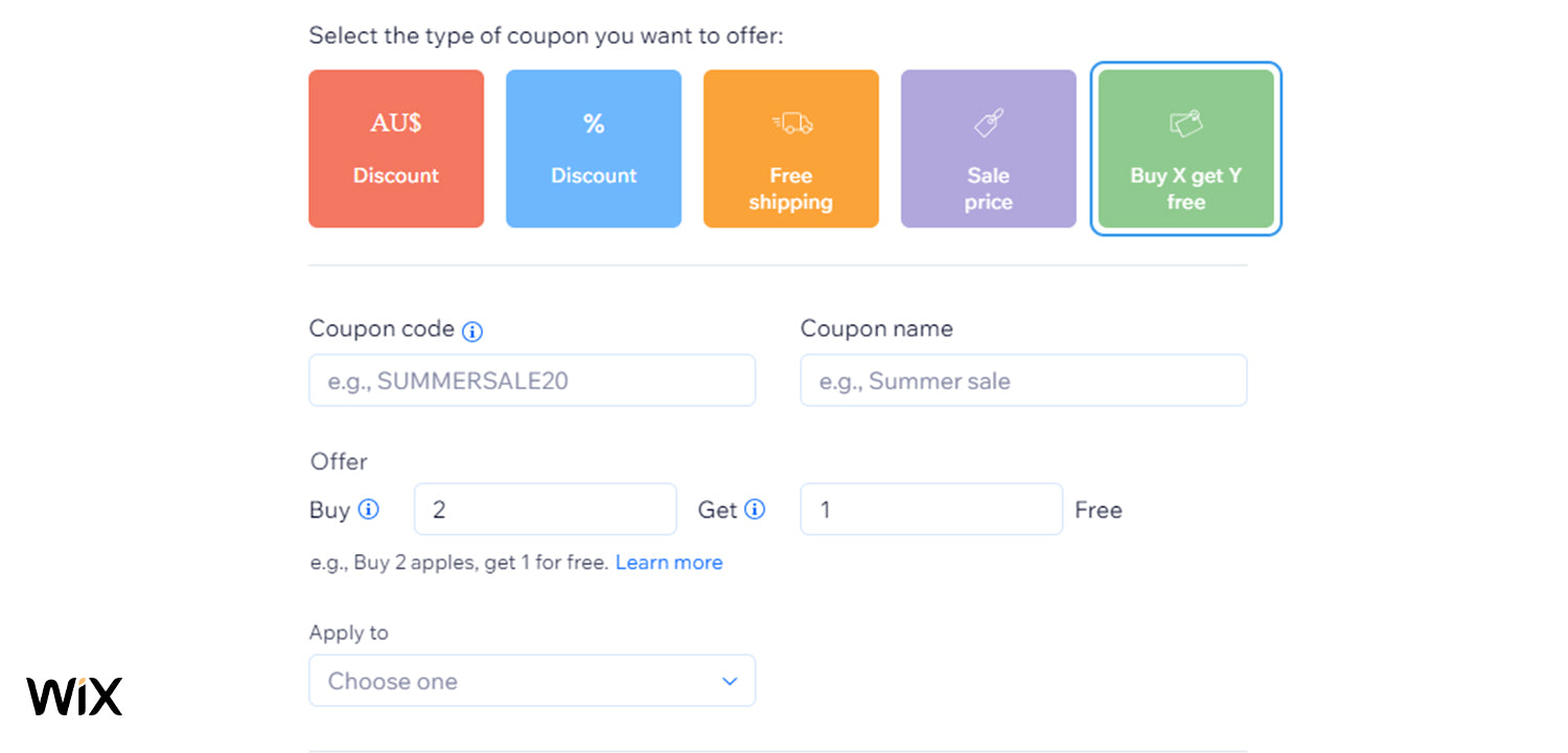 Screenshot of Wix's buy one, get one discount option.