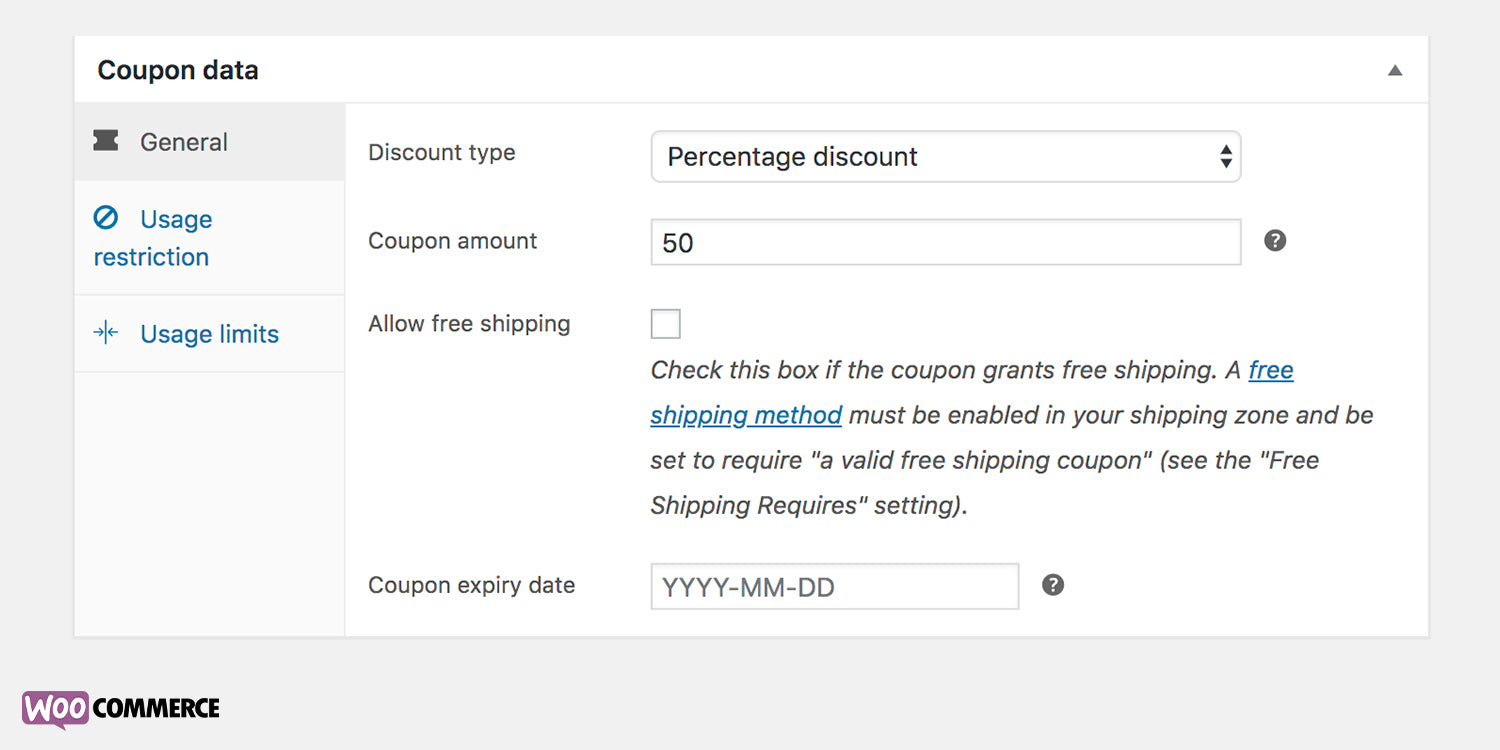 Screenshot of WooCommerce's percentage discount option.