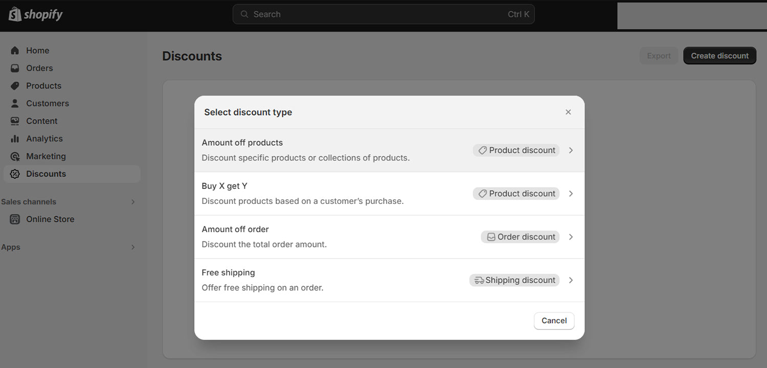 Screenshot of Shopify's "select a discount type" options.