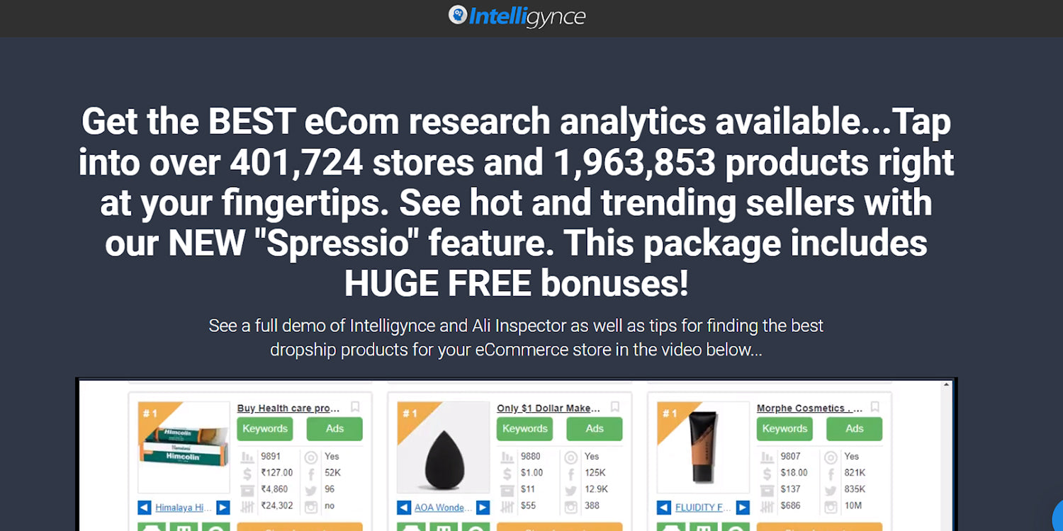 Intelligynce is an ecommerce intelligence platform designed to streamline product research and aid store optimisation.