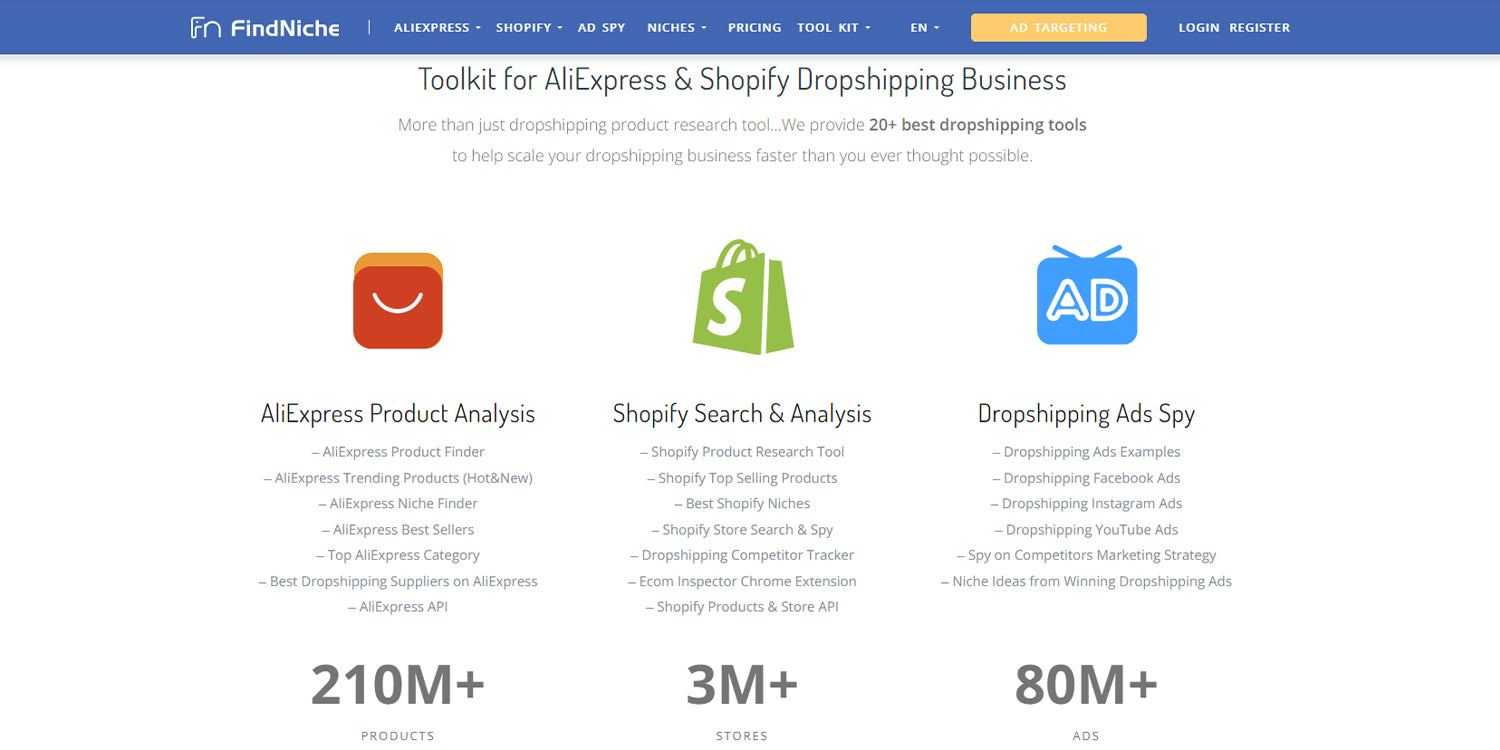 FindNiche specialises in three areas: Aliexpress product analysis, Shopify store analysis, and dropshipping ad spying.