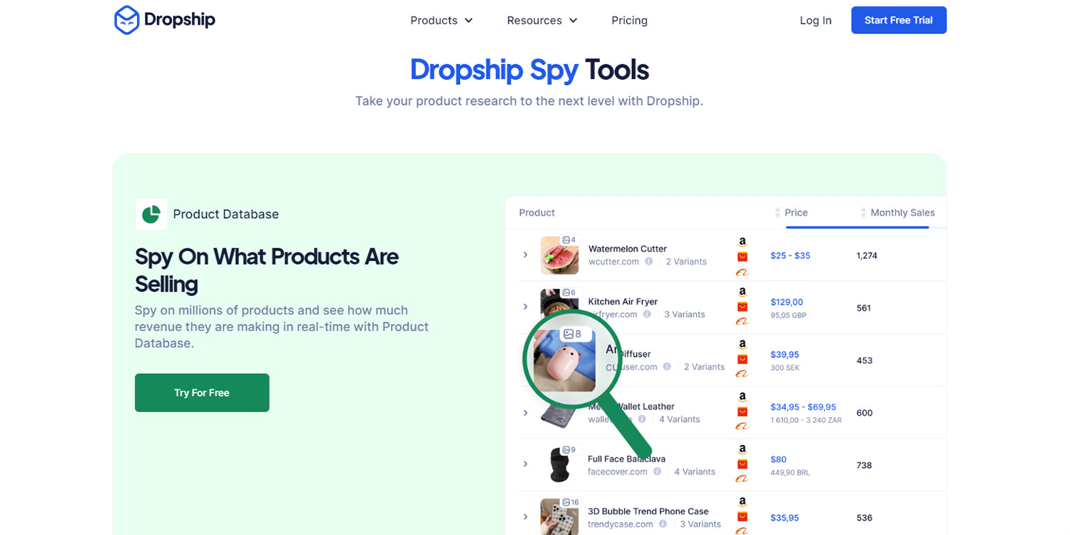 Dropship.io enables real-time access to a Shopify store's product offerings and revenue data.