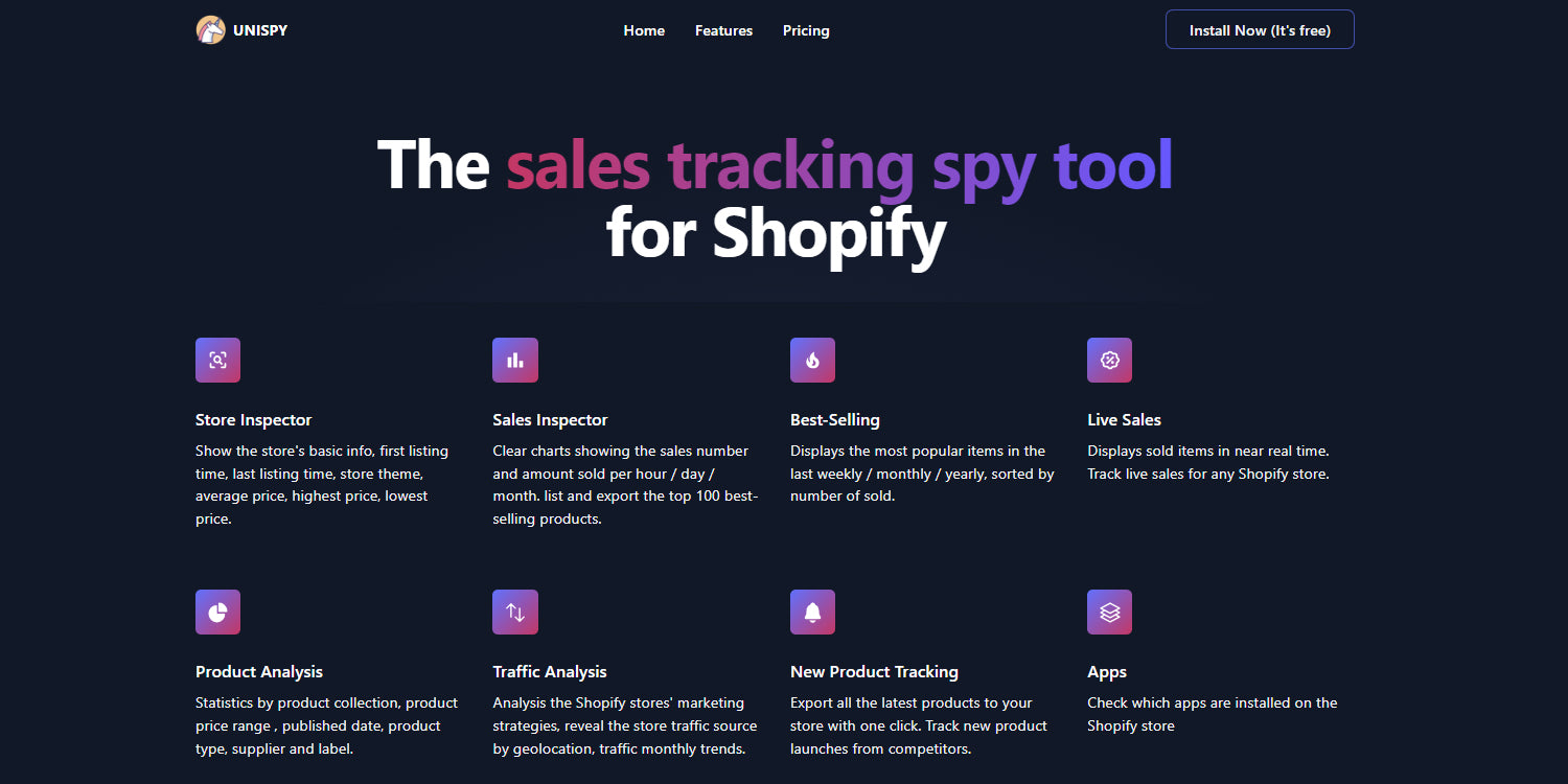 Unispy is a Chrome extension that analyses Shopify stores with less than 5000 products listed.