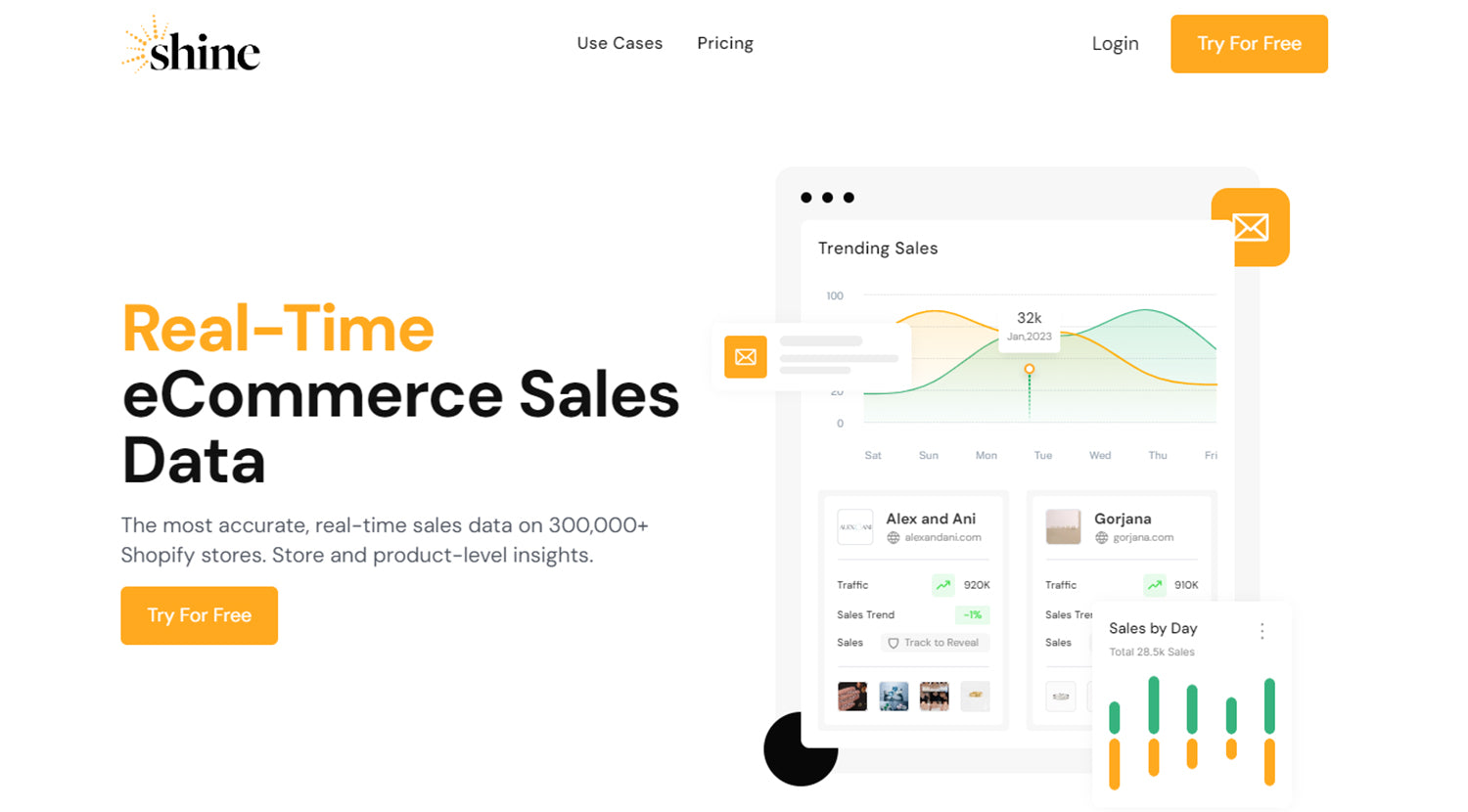 A screenshot of the Shine homepage, outlining the ways this service can graph real-time ecommerce sales data.