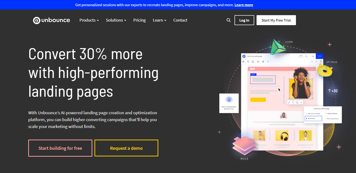 A screenshot of the Unbounce homepage which states it can convert 30% more with their high-performing landing pages.