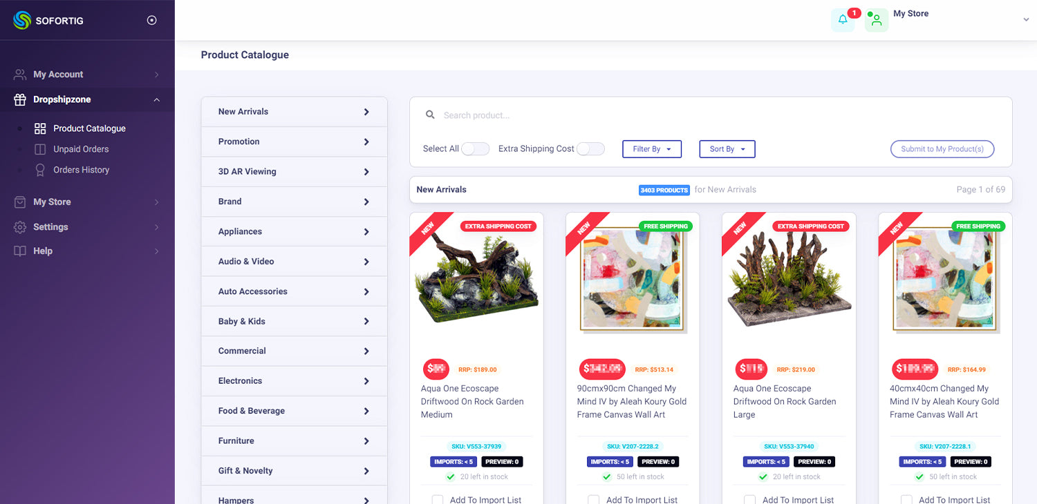 Sofortig by Dropshipzone connects your Shopify ecommerce store to Dropshipzone's catalogue of thousands of SKUs.