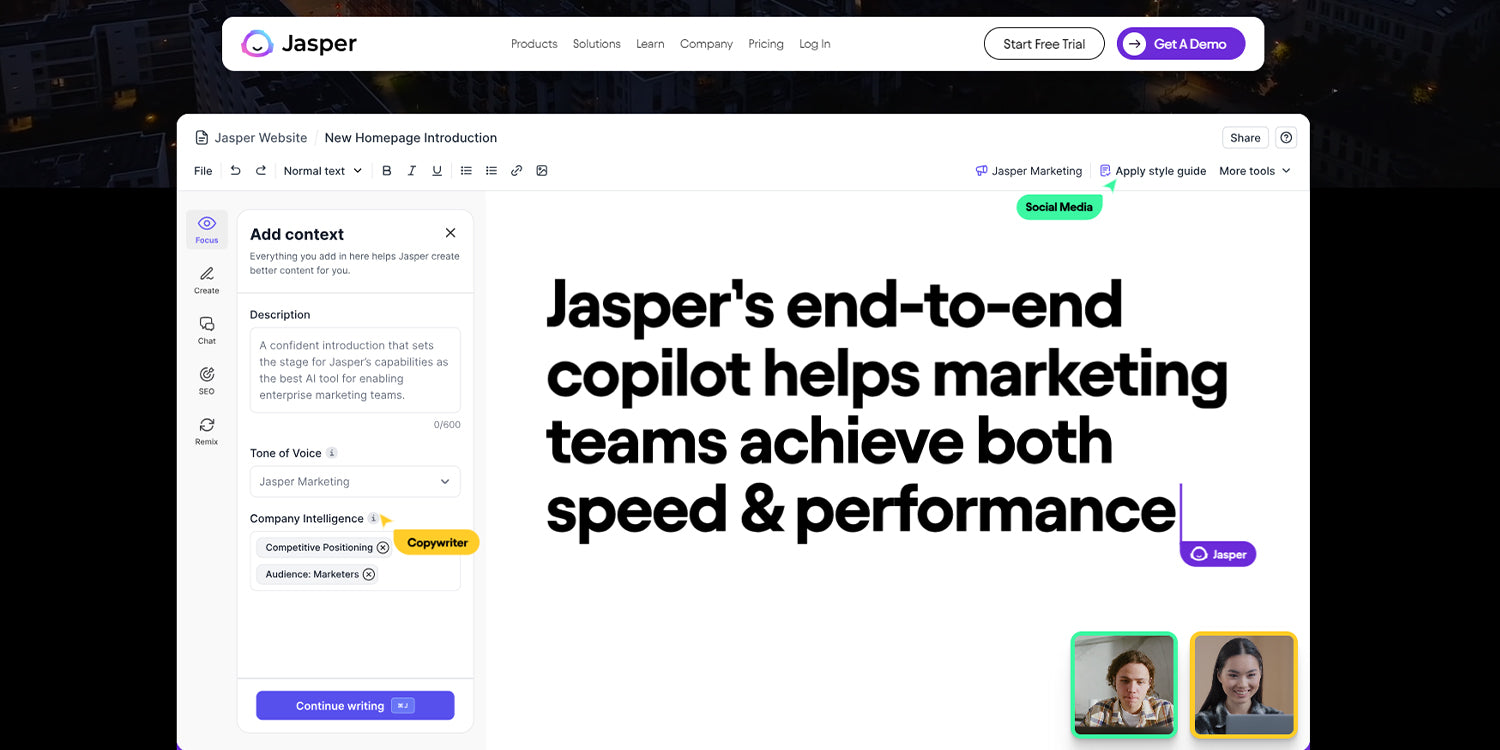 A screenshot of Jasper, a generative AI tool that can create a wide range of marketing copy.