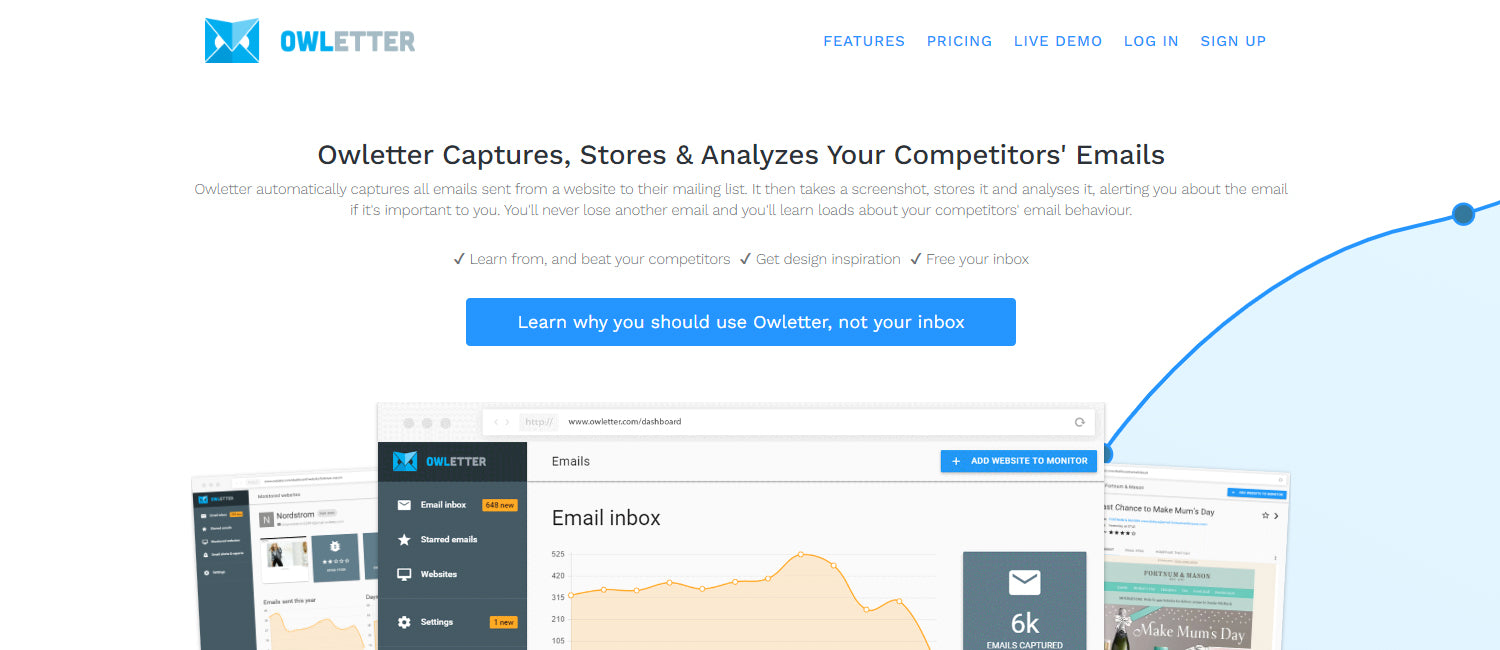 Owletter is another competitor analysis tool that enables you to analyse your competition’s emails.