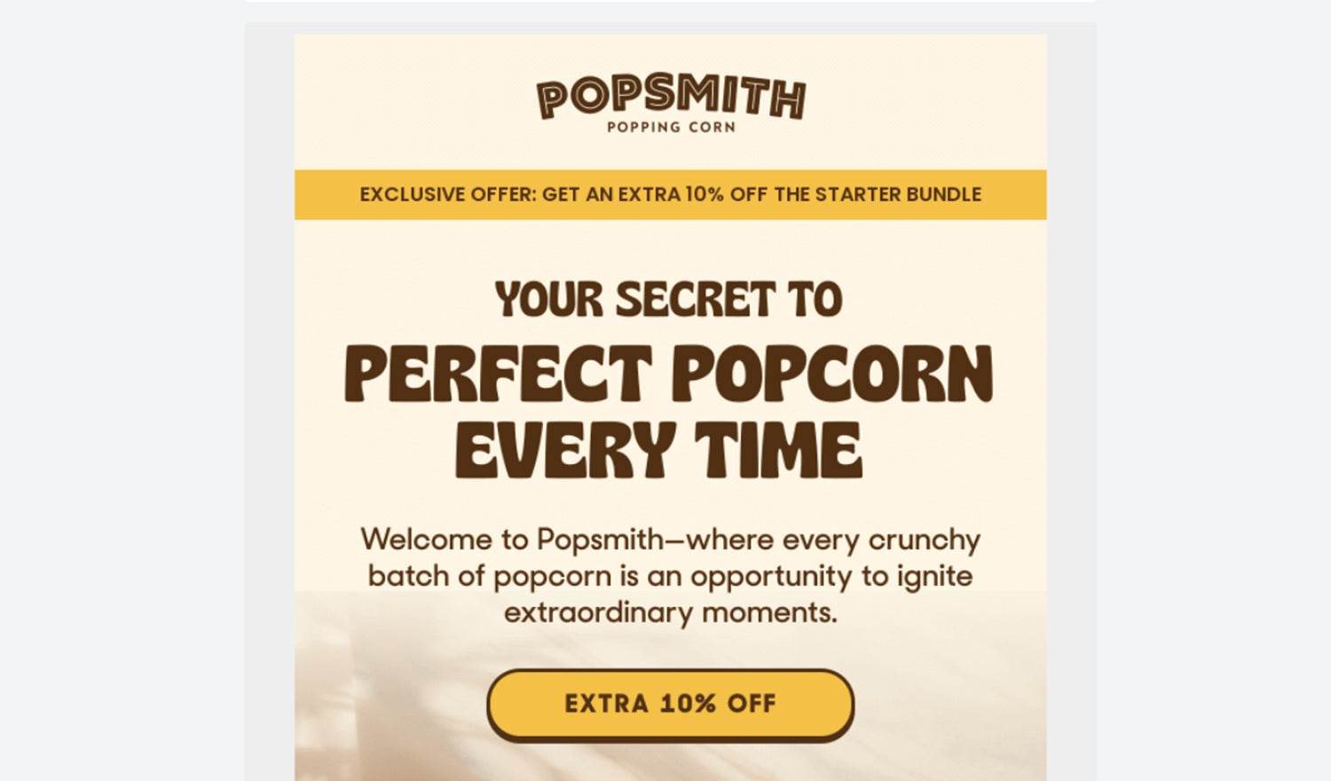An example of a welcome email sent by Popsmith, offering 10% off a starter bundle.