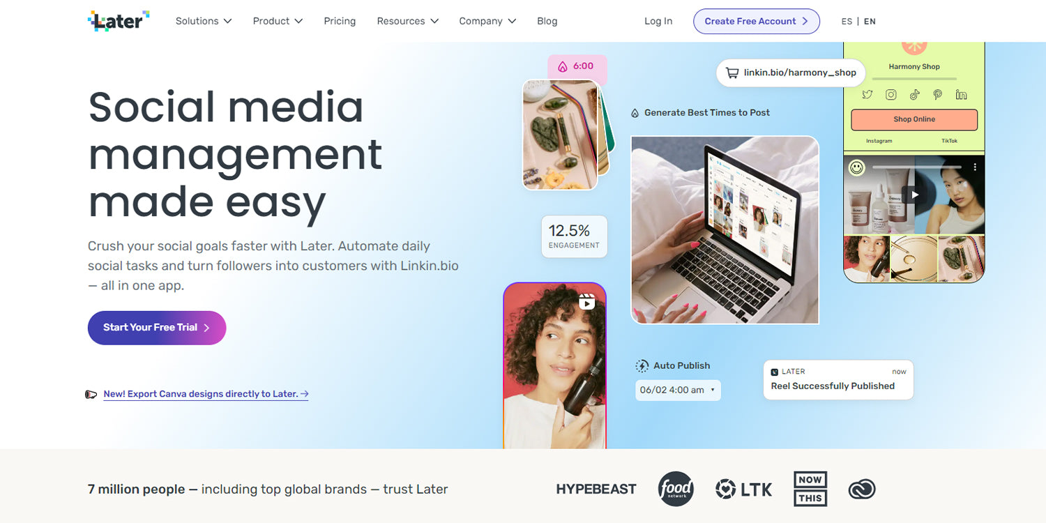 A screenshot of the homepage of Later, a social media management tool which can help you schedule posts and more.