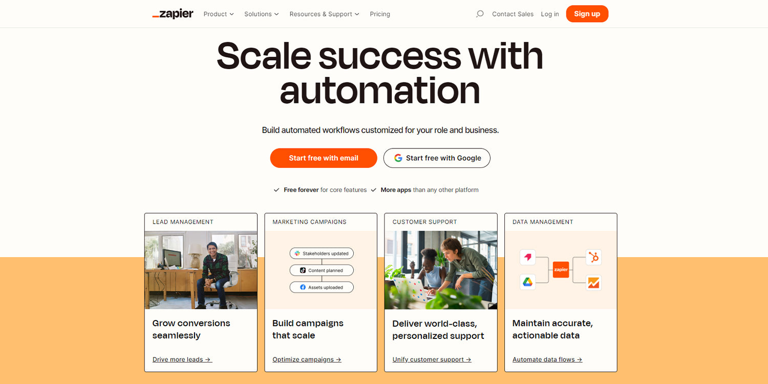 A screenshot of Zapier's homepage which is an automation tool that helps you create custom workflows for your store.