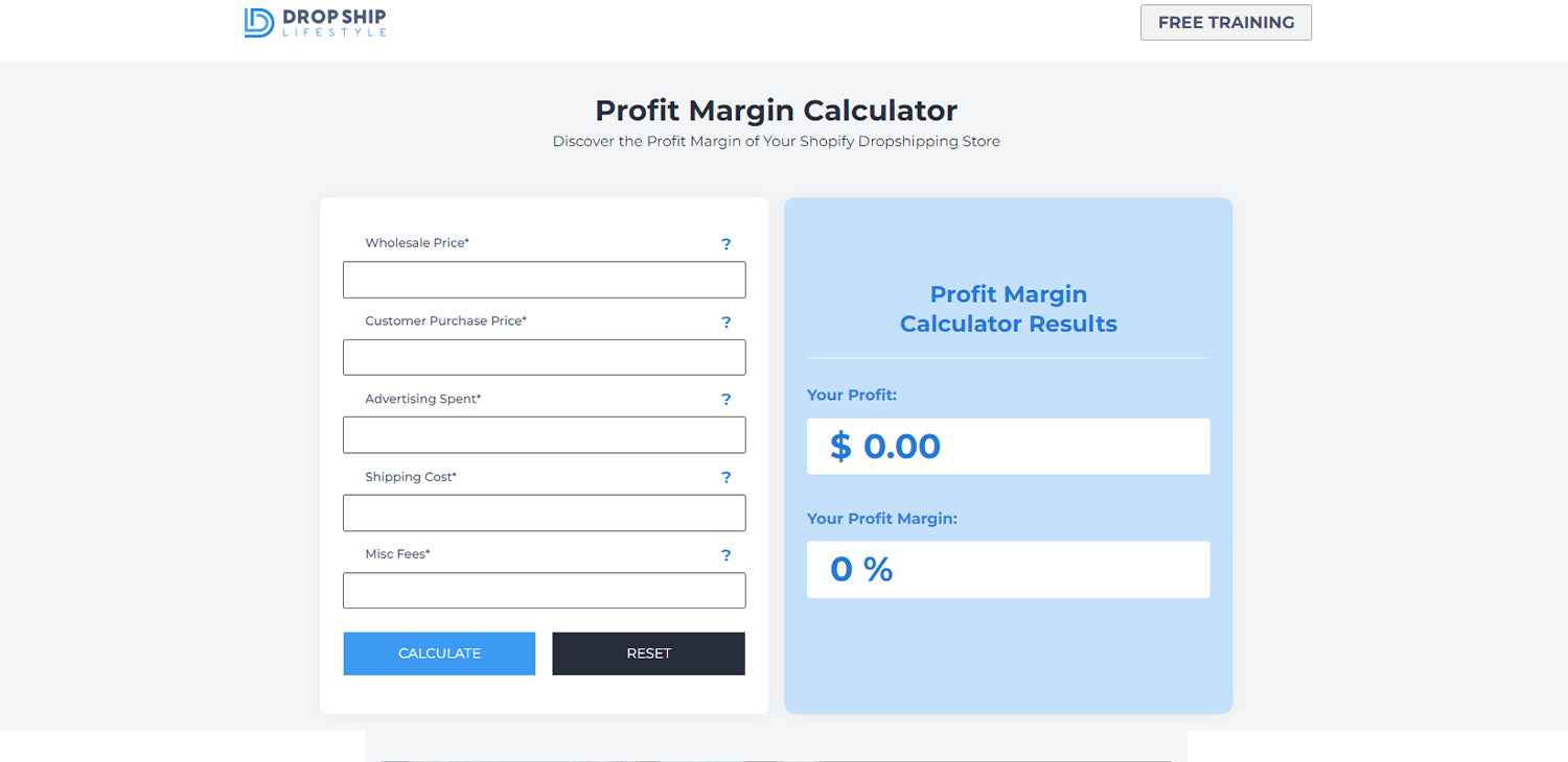 A screenshot of Dropship Lifestyle's Profit Margin Calculator which can give you a dollar and percentage profit calculation.