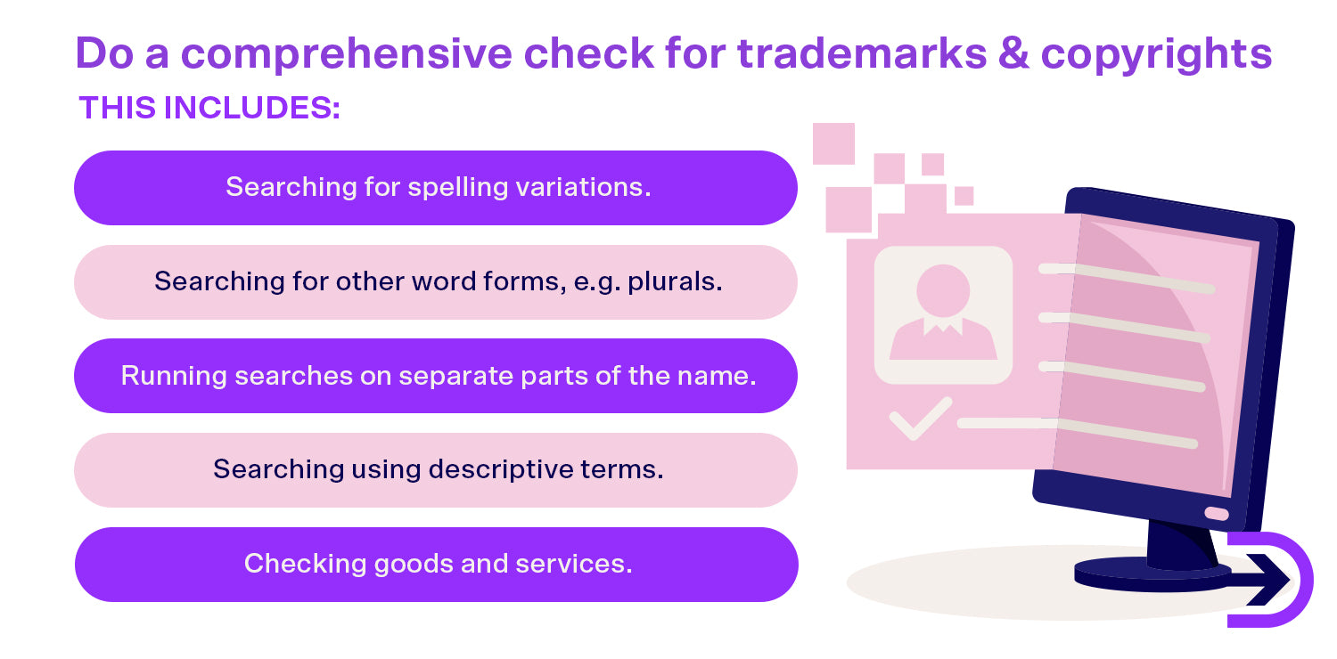 When checking for trademarks, remember to include searching for spelling variations and checking goods and services.