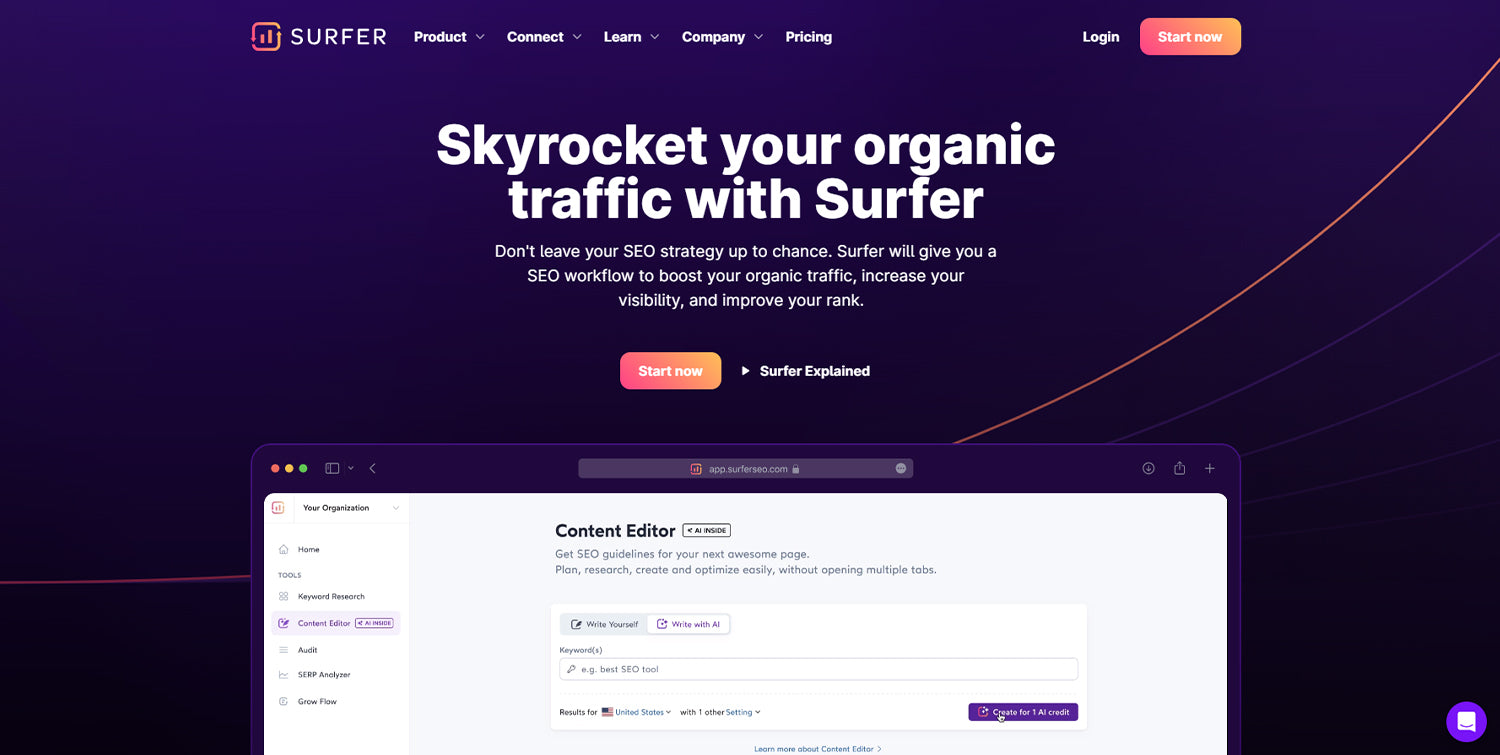 A screenshot of the homepage of Surfer, the leading content strategy platform which can assist with organic traffic generation.