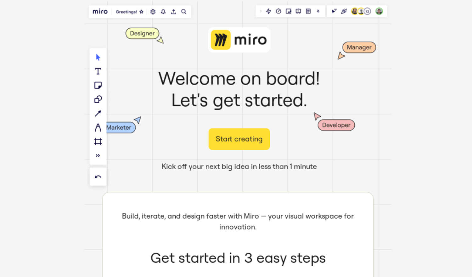 An example of a welcome email sent by Miro, helping users get started in 3 easy steps.
