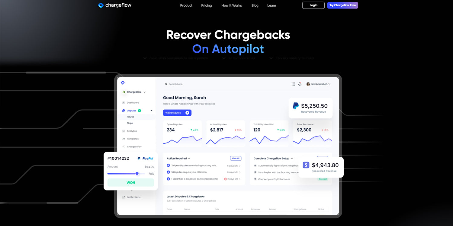 A screenshot of Chargeflow, which is an automated system for chargebacks and offers a ROI guarantee.