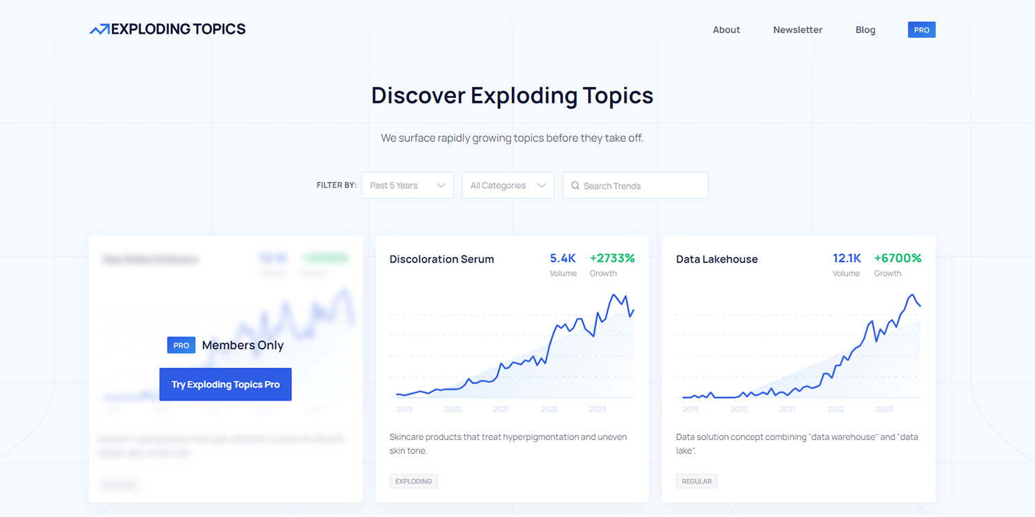 A screenshot of the Exploding Topics homepage, which can track the popularity of different topics and products.