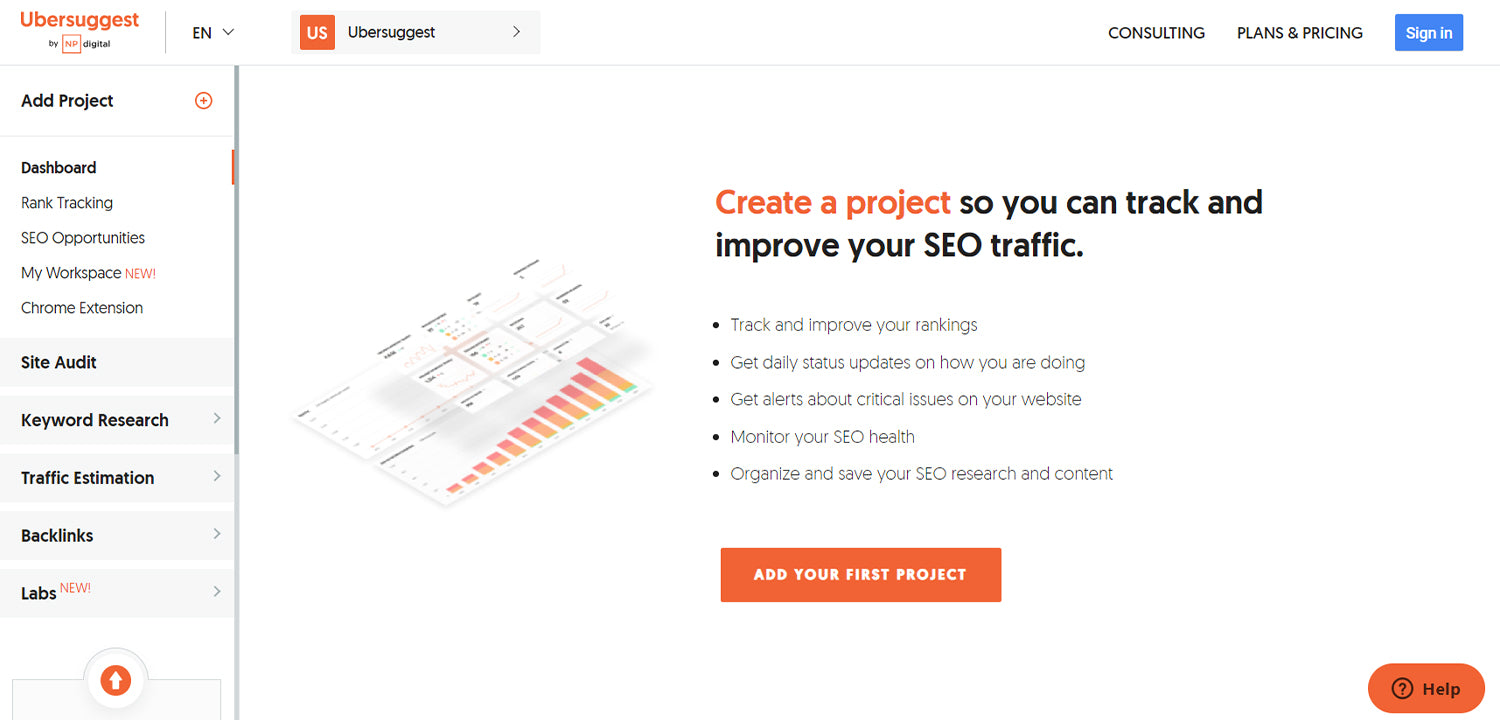 A screenshot of the Ubersuggest homepage which can help you improve SEO traffic to your online store.