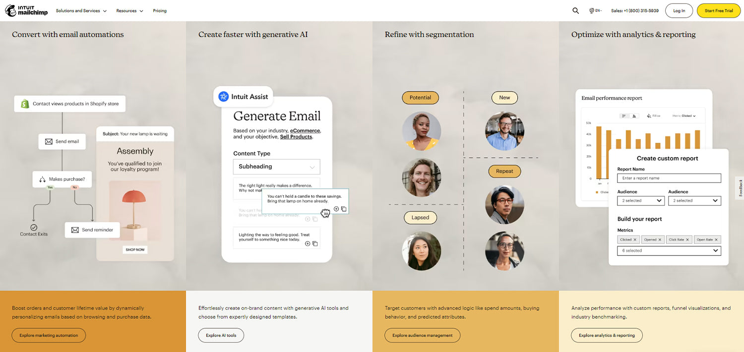 A screenshot of the different offerings from Mailchimp including email automations, generative AI tools, segmentation capabilities and analytics.