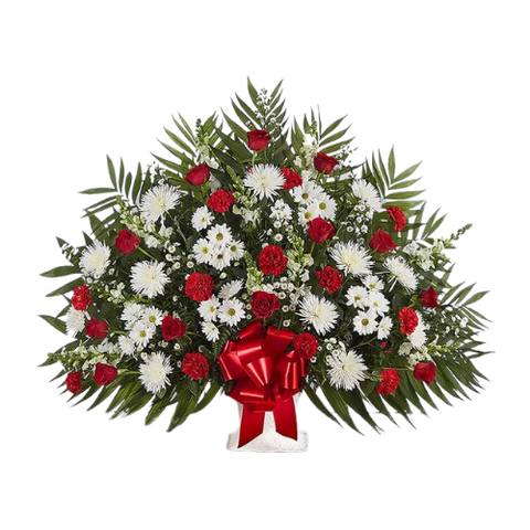 Red and White Funeral Basket Flowers