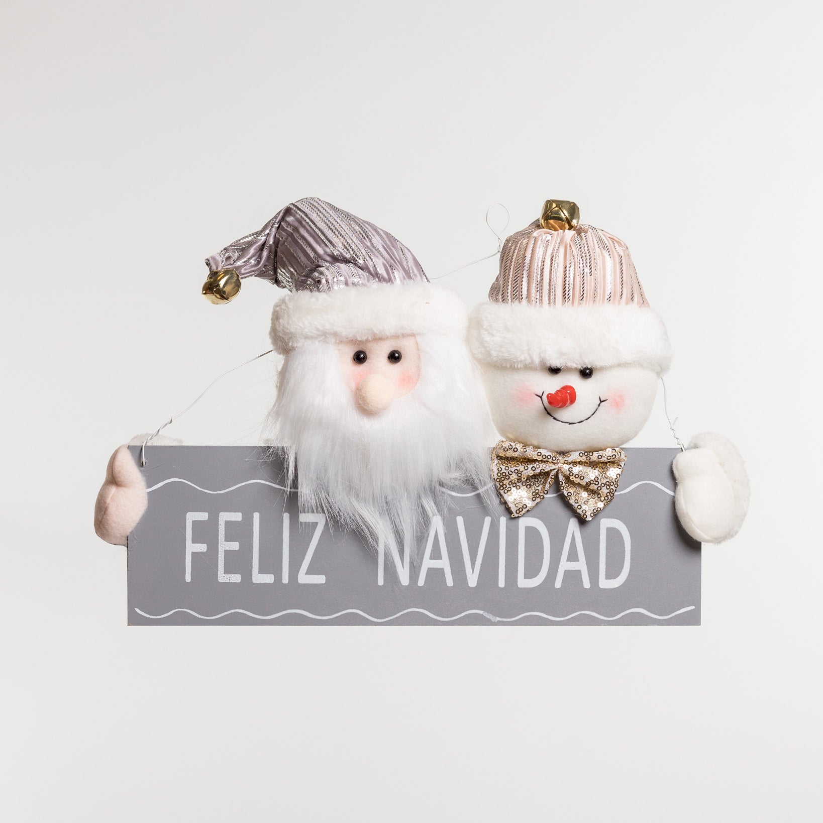 14" "Feliz Navidad" Santa and Snowman Decor Silver/Champagne - Metallic Collection